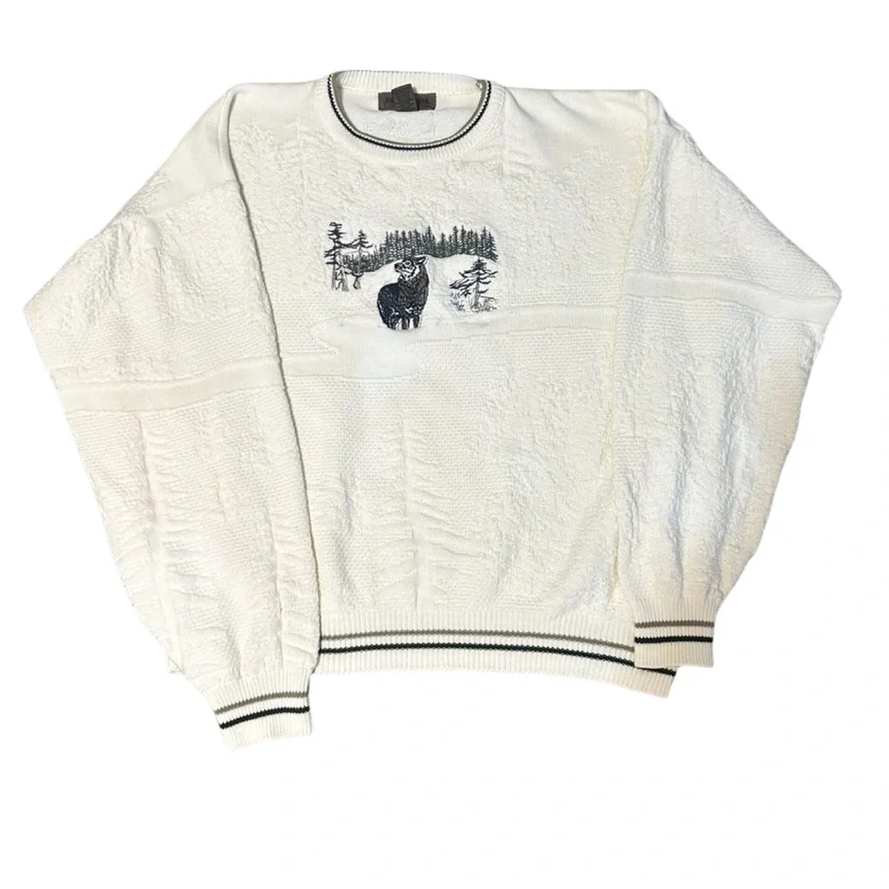 Vintage Cedar Falls XL Sweater Wolf Embroidery Cream Textured Knit Wildlife USA - Picture 6 of 6
